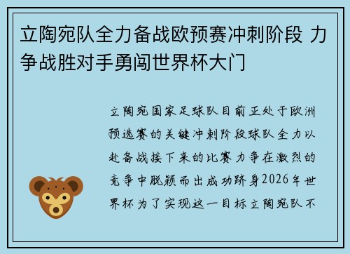 立陶宛队全力备战欧预赛冲刺阶段 力争战胜对手勇闯世界杯大门
